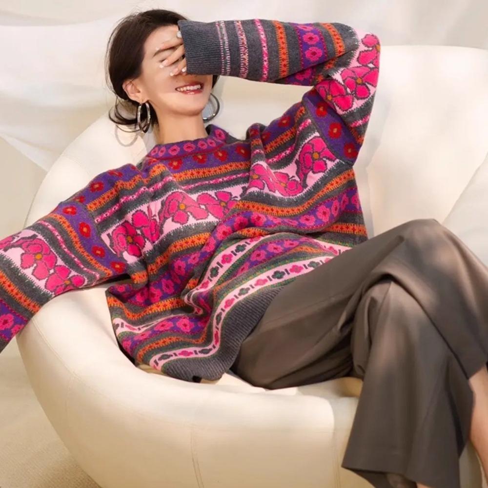 Spring Women Colorful Pink Sweaters Knitting Basic Fashion O-Neck Style Loose Pullover Sweater