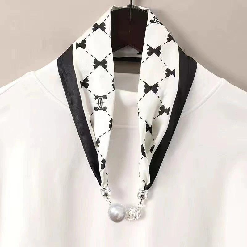 1Pc Cloth Accessories Versatile Patterned Texture Pearl Fashion Neck Protection Scarf Magnetic Silk Scarf