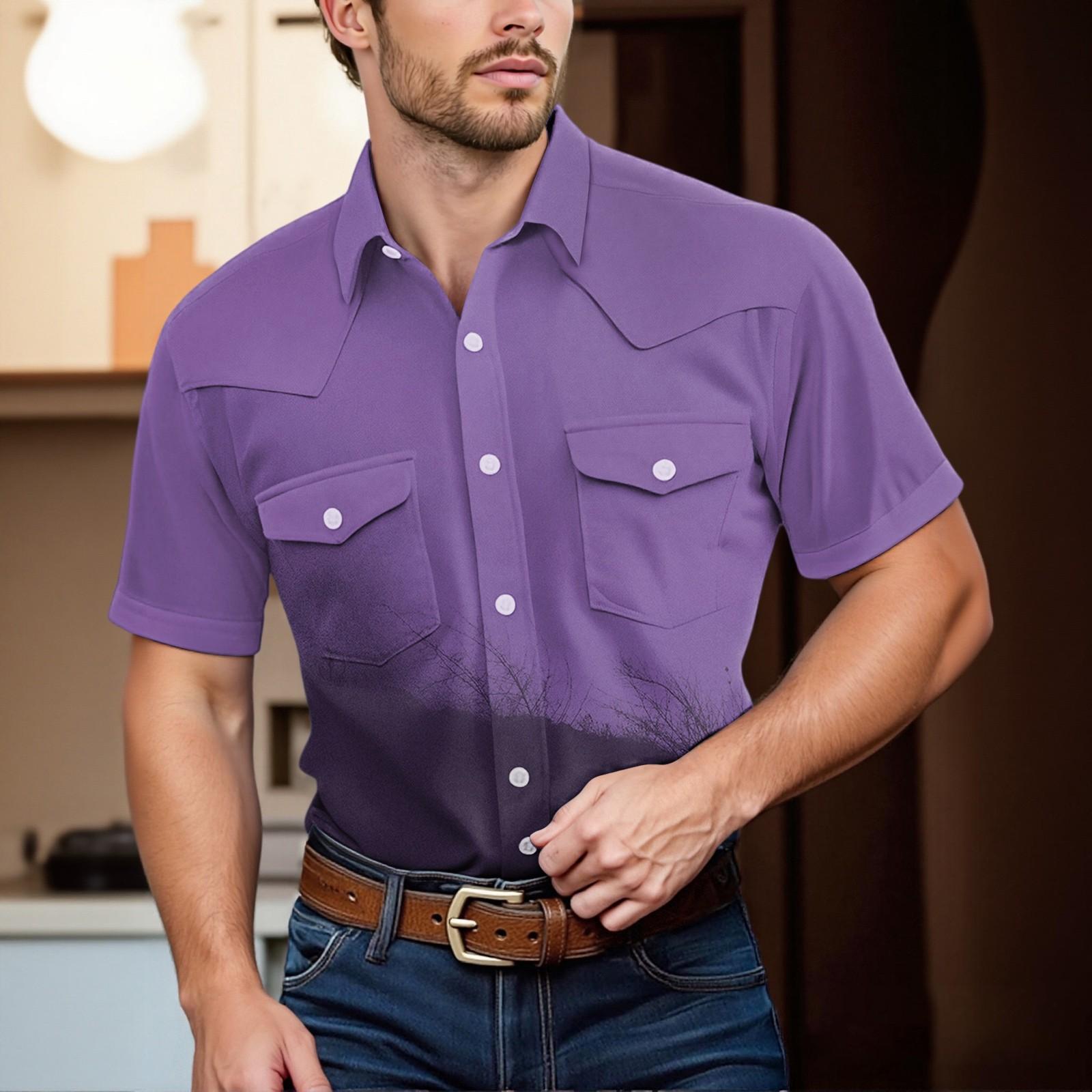 

Мужской модный топ кэжуал с короткими рукавами, лацканами и длиной до плеч XL фиолетовый