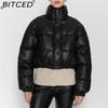 BITCED Fashion Casual Solid-Colour Minimalist Faux Leather Cotton Jacket for Women Winter Stand Collar Jacket