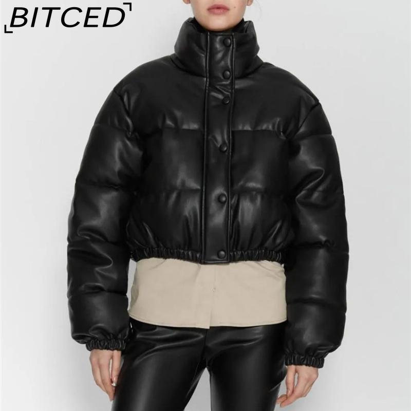 BITCED Fashion Casual Solid-Colour Minimalist Faux Leather Cotton Jacket for Women Winter Stand Collar Jacket