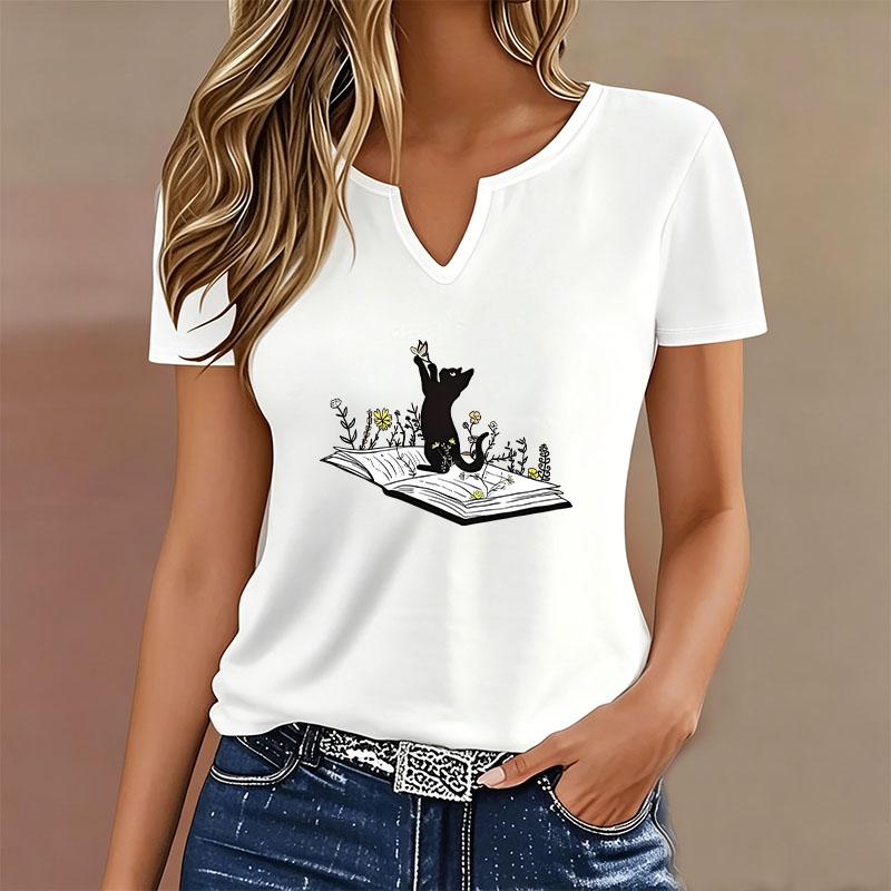 Fashion Women s with Black Cat Book Casual T-shirt V Neck T Shirts Women Short Sleeve Tee Shirt V-Neck Harajuku Shirt S