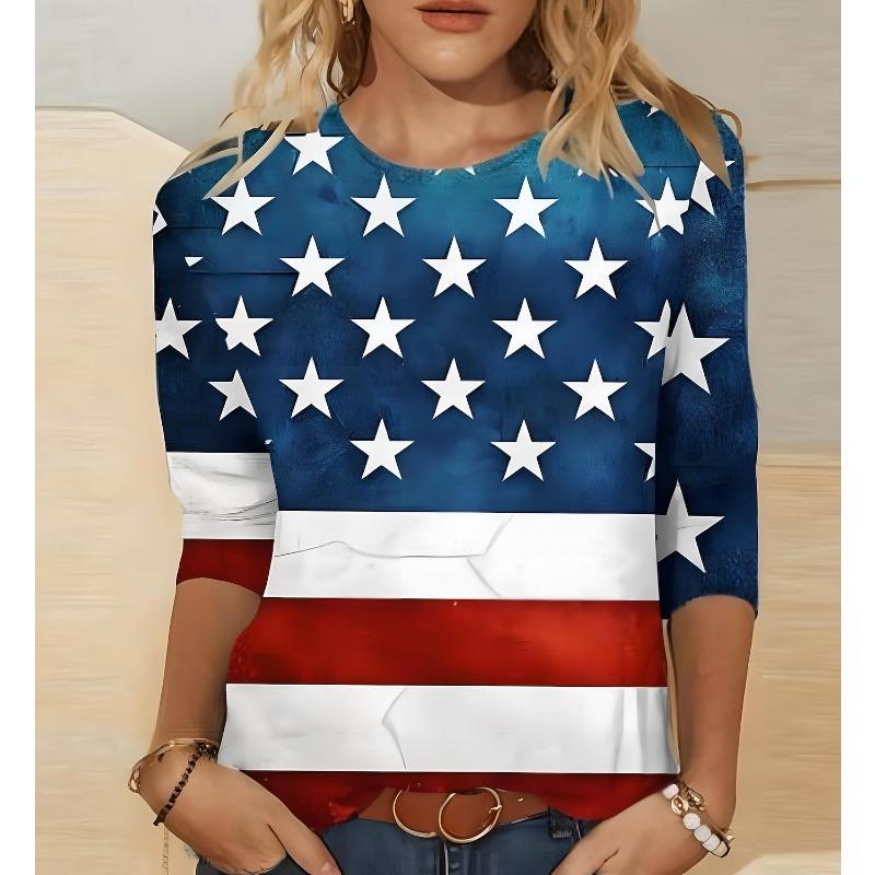 Women's T shirt Long Sleeve Crew Neck Long Sleeve Tunic Graphic Flag Top