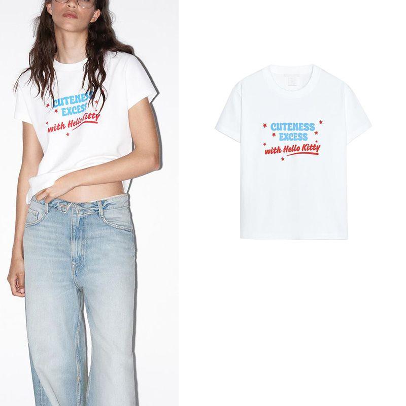 Summer New Product Women's Clothes Cotton Silm Straight round Neck Short Sleeve Cartoon Cat Print Washed T-shirt 6050358