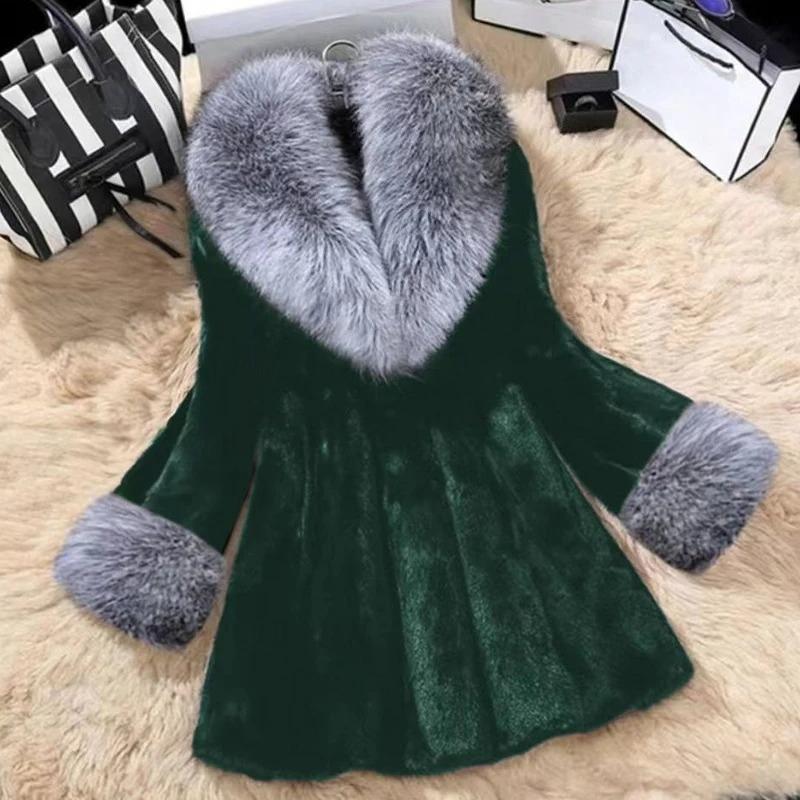Office Lady Commute Coat Elegant Imitation Fur Hair Collar Splicing V Neck Nine-quarter Sleeves Warm FurJackets Coat For Women
