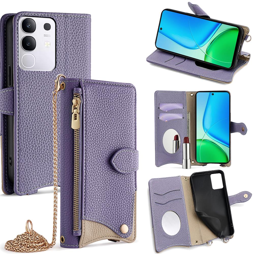 

For vivo Y29 4G Wallet Case Fishtail Design Leather Phone Cover with Mirror/Stand/Strap E