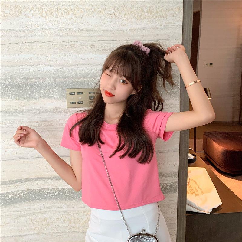 Women's Slim Fit Short-Sleeve Crop Top - Summer Solid Color High Waist Sports Shirt