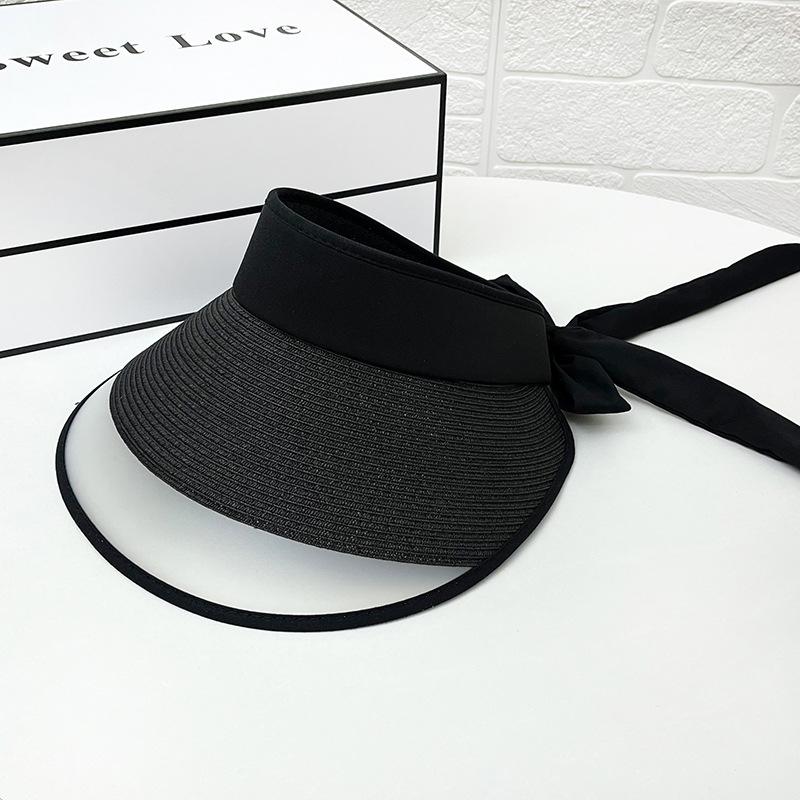 Sunscreen hat women's summer empty top hat straw braided splicing bow sunshade purple line travel no top sun hat