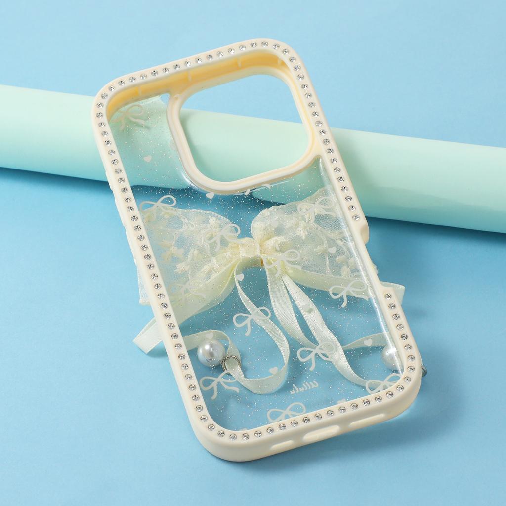 For iPhone 16 Pro Max Case Two Bow Epoxy Design TPU+PC Phone Back Cover Rhinestone Decor