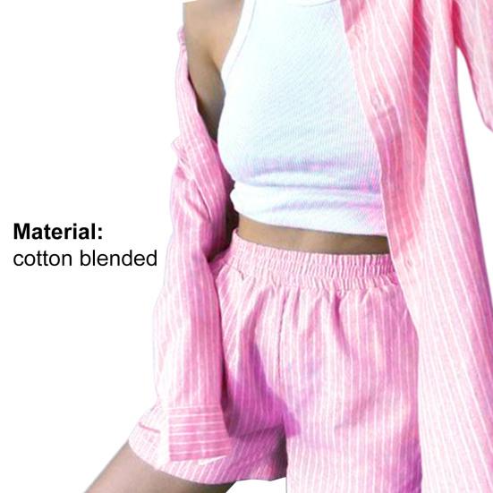 Damen-Outfit, vertikale Streifen, hohe Taille, zweiteiliges Langarm-Revershemd, Taschen, Shorts für Party