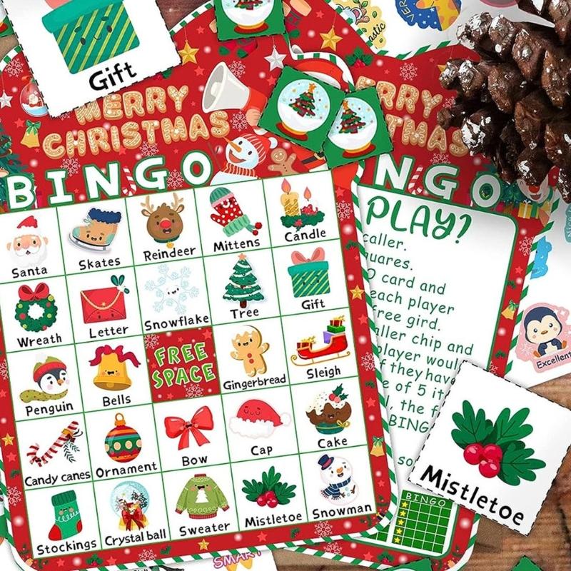 Festliche Familien-Bingo-Spielkarten für 24 Spieler Komplettes Set mit 33 strapazierfähigen Teilen Unterhaltung für die Feiertagsparty