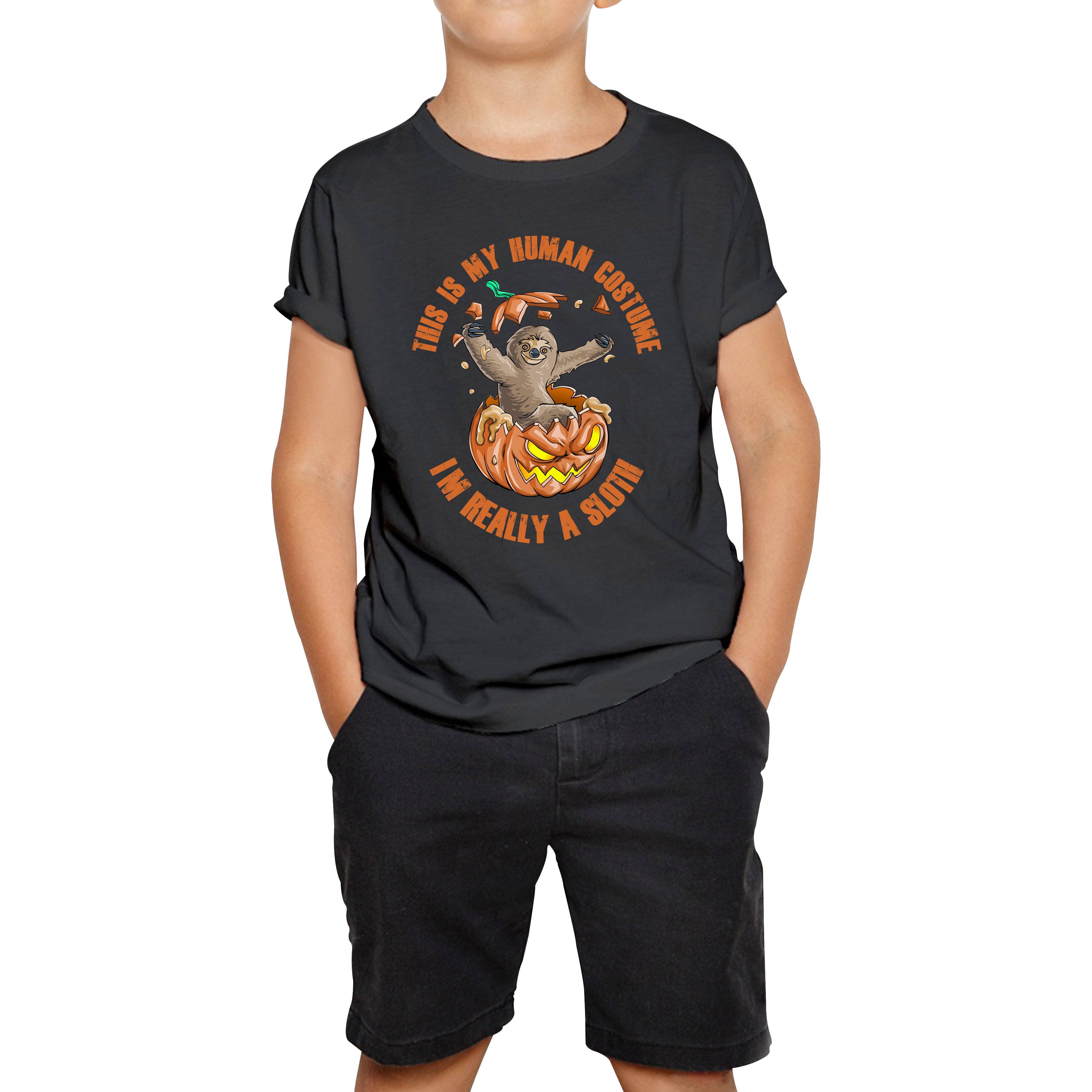 This Is My Human Costume I m Really A Sloth Halloween Pumpkin Horror And Scary Pumpkin Face Kids Tee 120