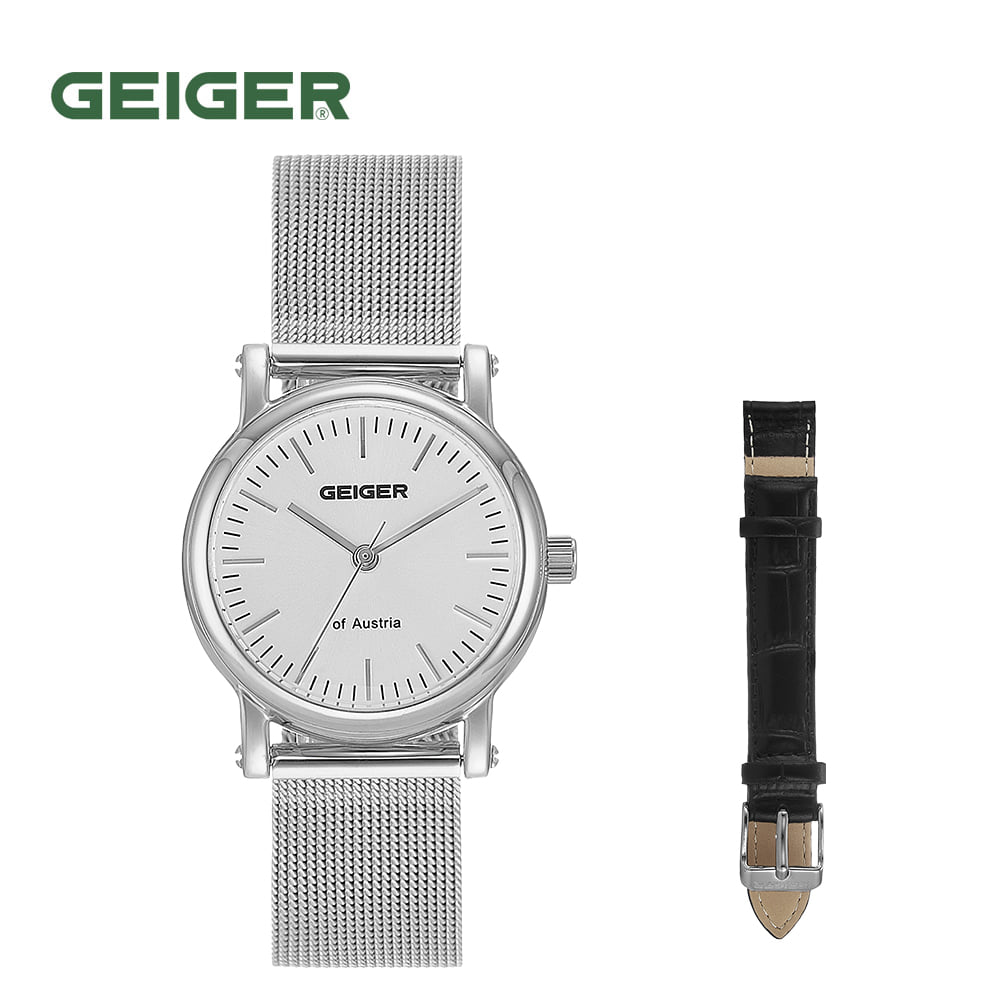 

Geiger GE1222WTL Серебряные женские часы с сетчатым ремешком 28 мм (Кожаный ремешок Дополнительный подарок)