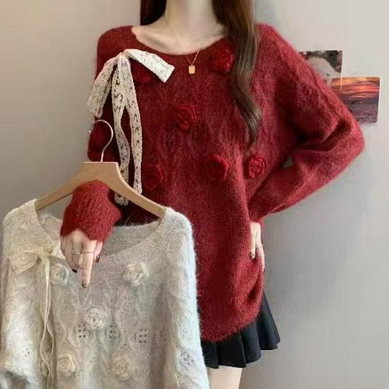 2026 Autumn/Winter 3D Flower Bow Knit Sweater – Women's Gentle, Loose, Temperament Style