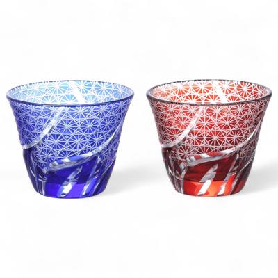Mizukage Kiriko Pair Glasses Cups for Cold Tea 100cc Ranbori Komon Blue Red Bishou Current Model J-kitchens 76xH60mm &