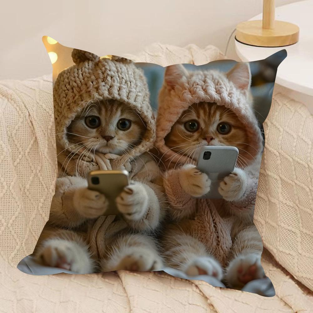 Cute Cat Holding Phone Cushion Cover Silky Short Plush Invisible Zipper Dustproof Sofa Pillow Case For Home Decor