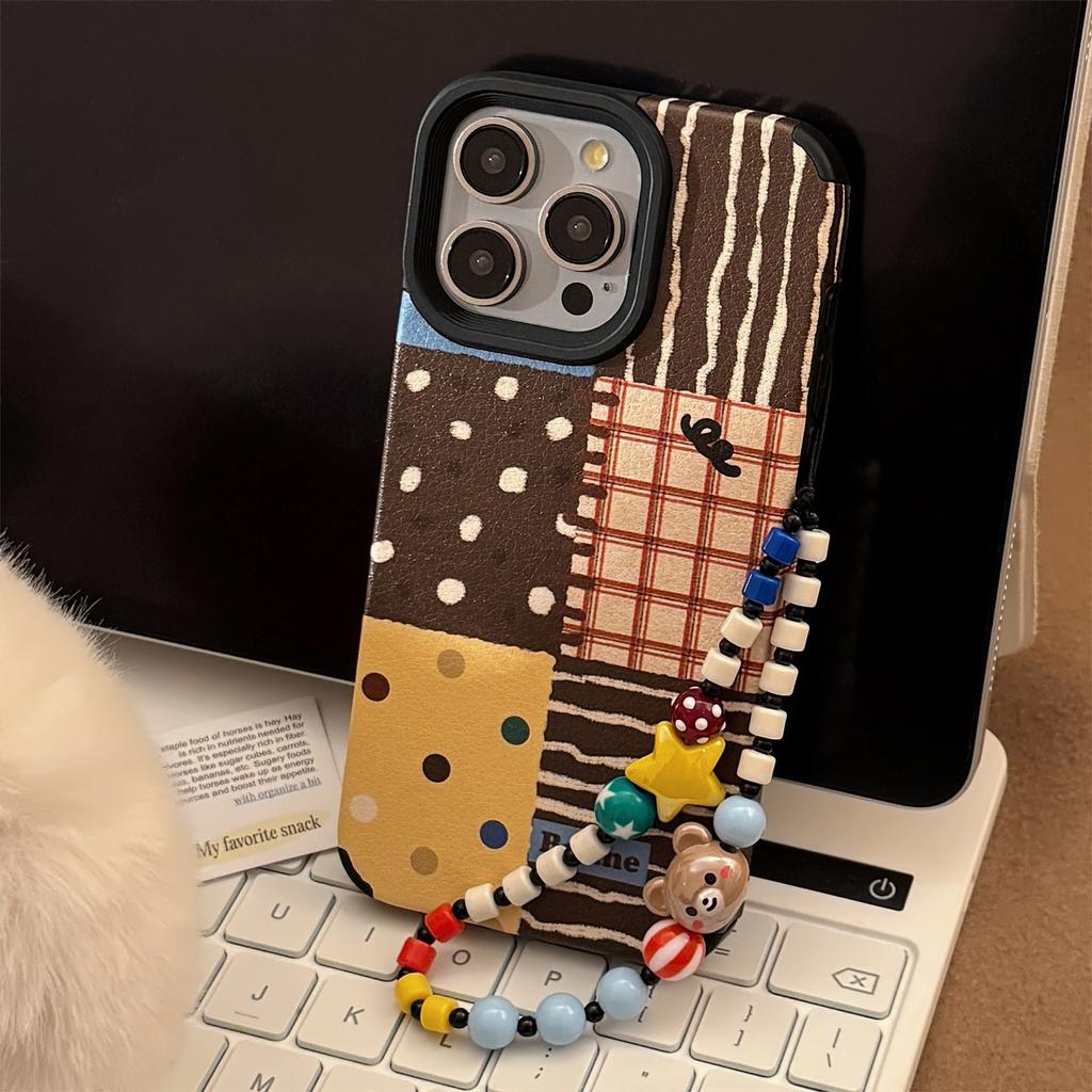 Retro Ins Wave Dot Splicing for IPhone 16 for Apple 17 Phone Case 15Pro Max Leather 14 Hanging Chain 13