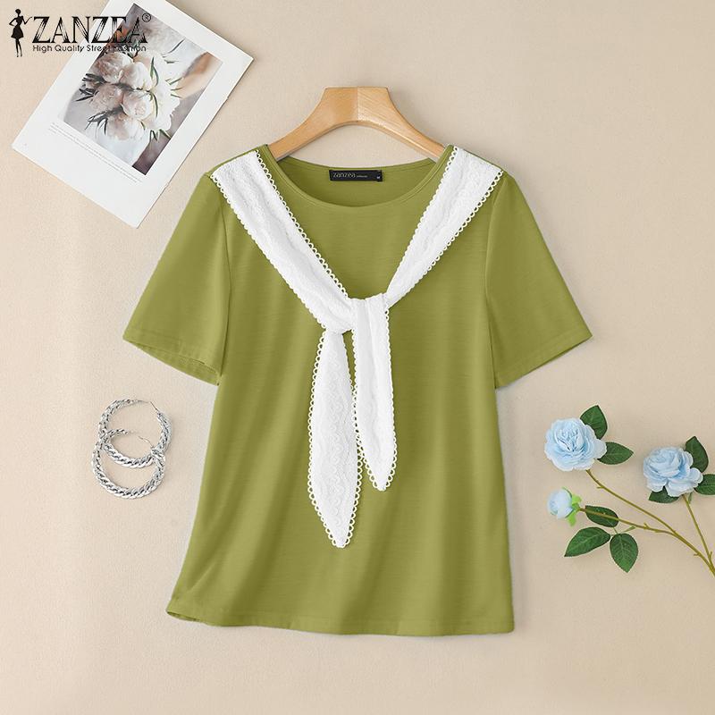 

ZANZEA Women Casual Round Neck Short Sleeve Patchwork T-Shirts 5XL синій
