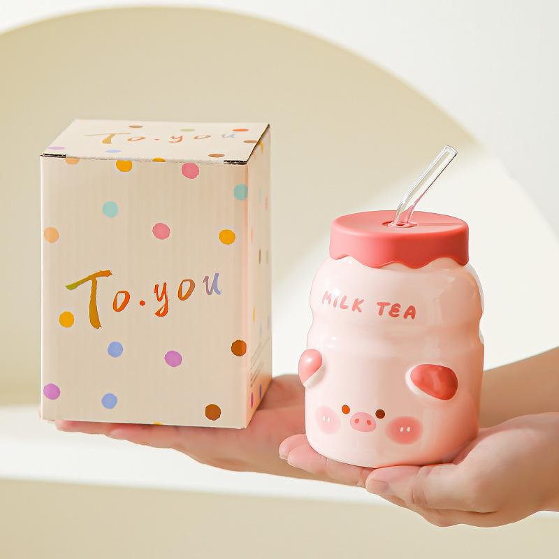 Animal ceramic straw cup with lid Summer essential water cup Girls household cup Juice cup Cold drink cup