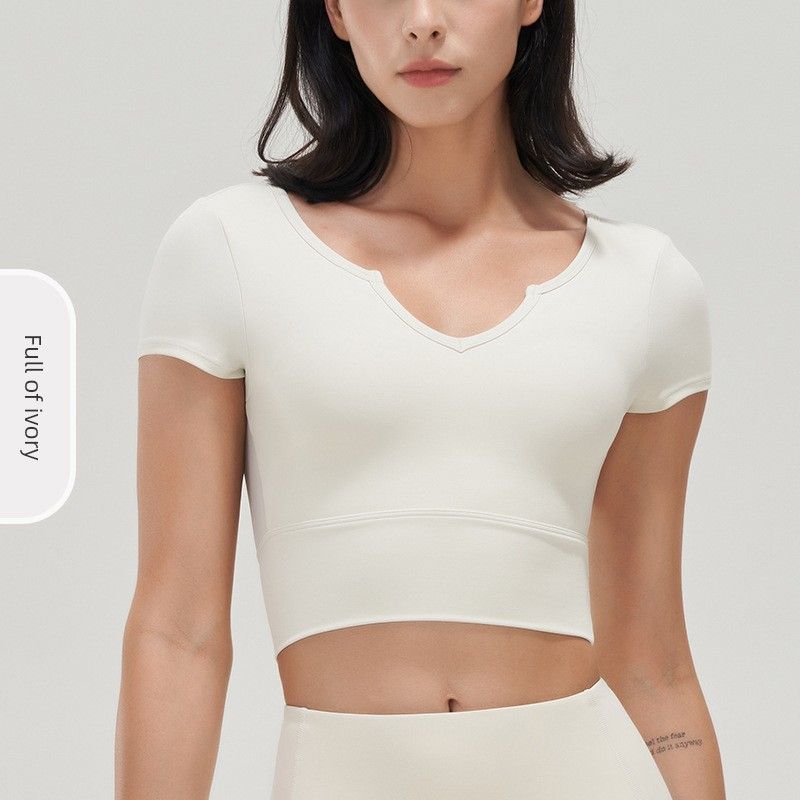 

Новая одежда для йоги Женские облегающие спортивные топы с V-образным вырезом и короткими рукавами, жилет для бега, новая одежда для тренировок Shallow Ivory M
