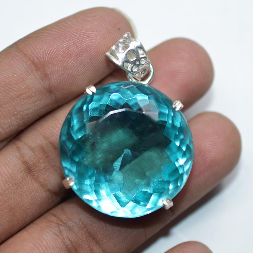 Pandantiv Topaz Albastru Natural Formă Rotundă 100 Certificat Argint Sterling 925 Pietre prețioase my-393-k