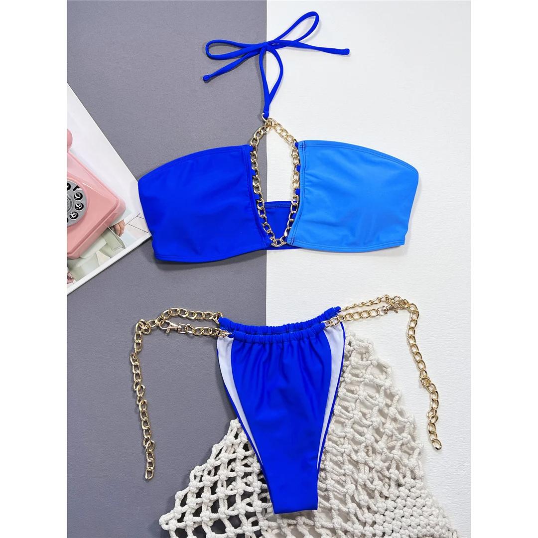 

Сексуальный халтер металлические кольца высокий вырез бикини женский купальник женский купальник из двух частей комплект бикини купальный костюм купальный костюм M синий