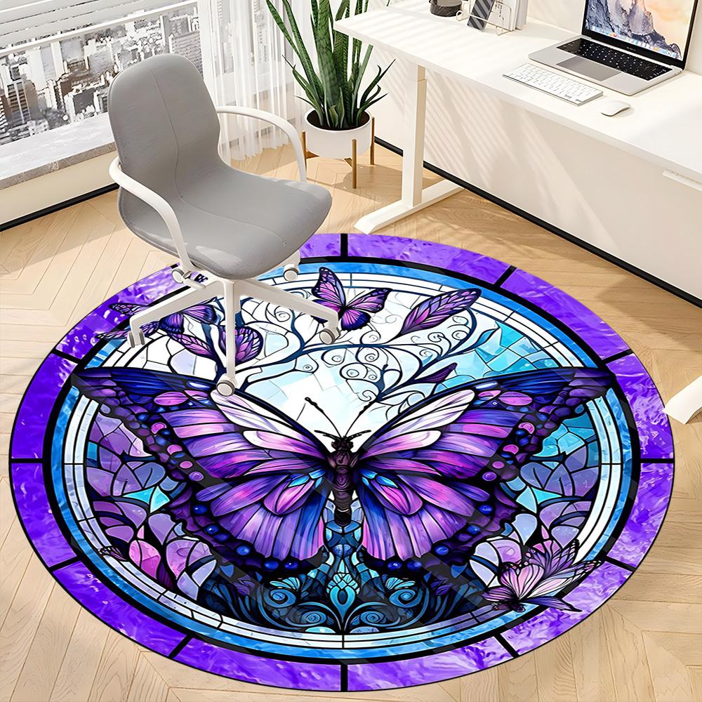 1pc Butterfly Stained Glass Carpet for Office Non-Slip, Round Carpet, Soft & Comfortable, Carpet for Office, Lightweight Round Floor Mat