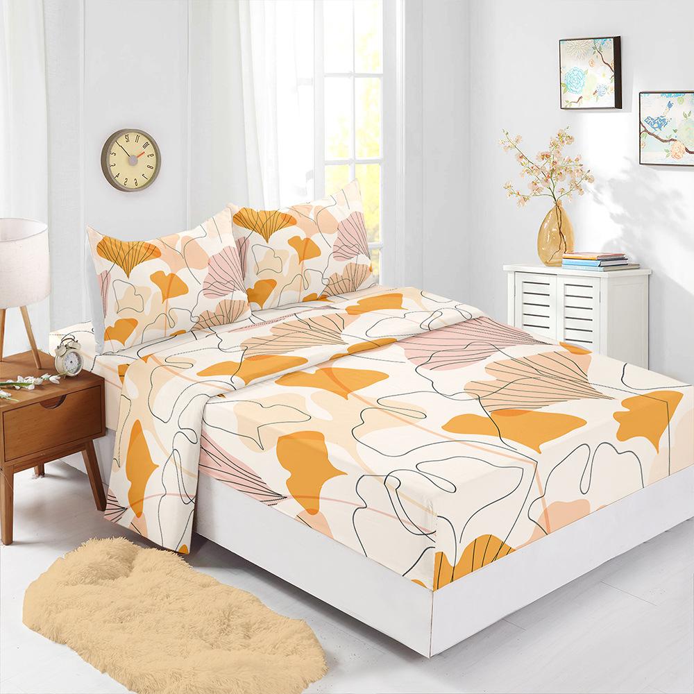 Four-Piece Mattress Set Autumn Deciduous Maple Leaf 3D Digital Printing Kit Mattress Protective Cover