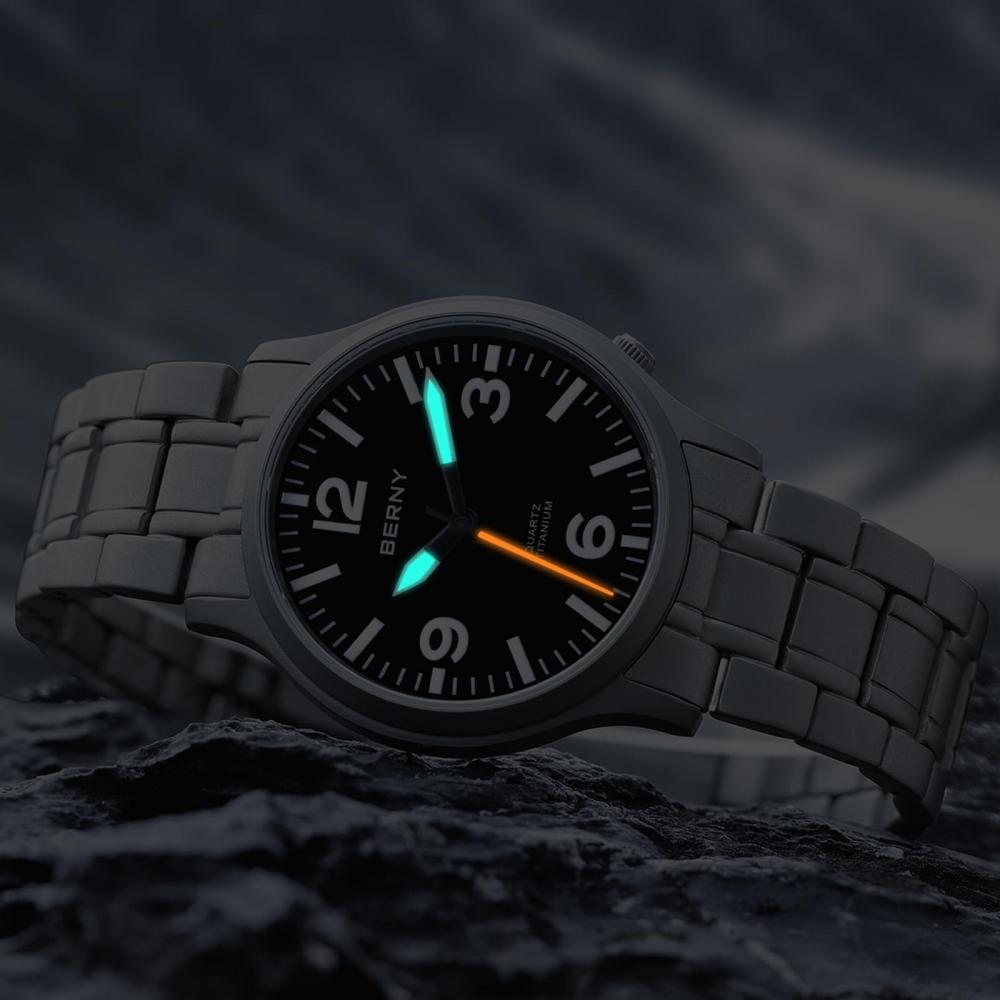 BERNY Titanium Watch Men Men's Watch Men's Watch Japan Sweep Seconds Quartz Movement VH31 5ATM Waterproof Analog Quartz Watch Super Luminous Sapphire