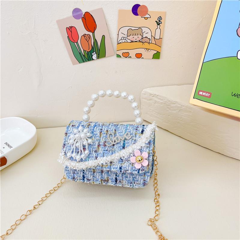 

Simulated Pearl Chain Handbag Children Shoulder Bag Outdoor Trendy Crossbody Bag Blue Mix