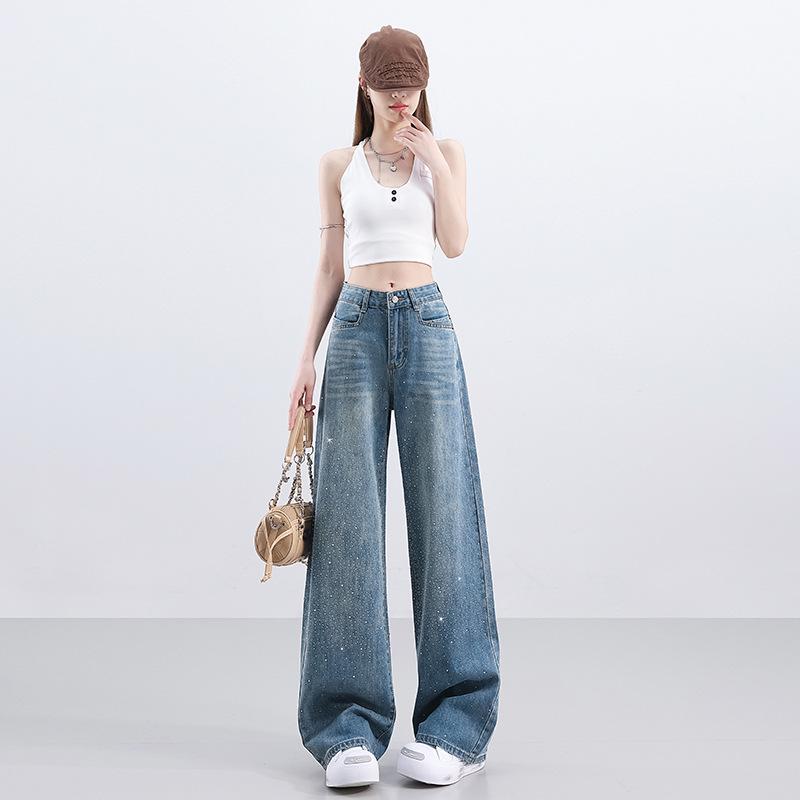 Full Sky Diamond Rhinestone Wide Leg Sparkle High Waist Slimming Jeans