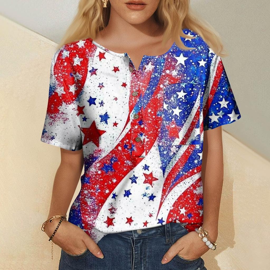Modna damska bluzka z krótkim rękawem i nadrukiem, okrągłym dekoltem