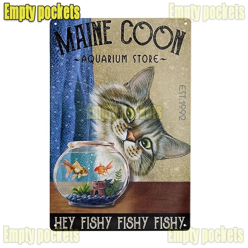 Cute Maine Coon Cat Posters Metal Tin Sign Wall Sign Plaque for Bathroom Coffee Farmhouse Home Kitchen Bedroom Wall Decoration