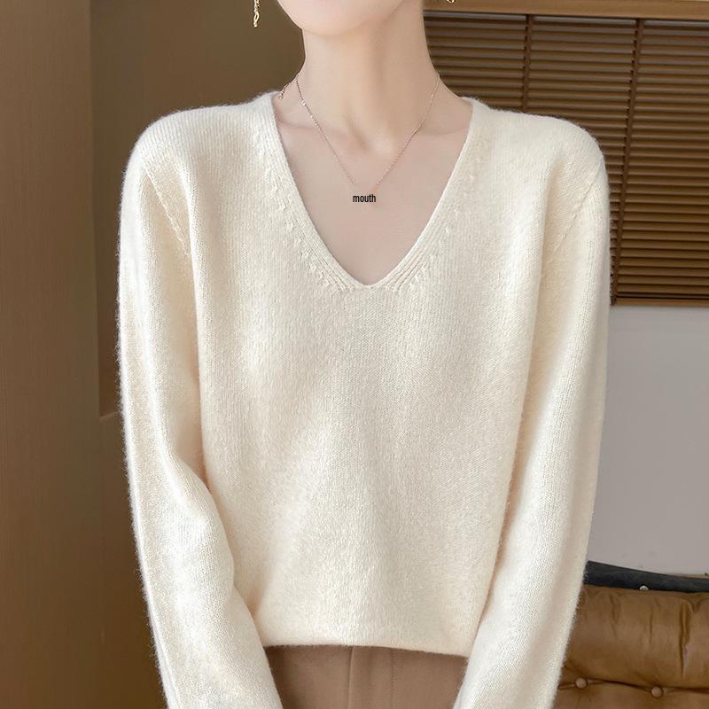 Women's V-Neck Thickened Wool Knit Sweater – 100% Pure Loose Fit