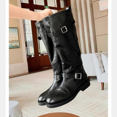 Legs Out of the Street~ Cowhide Pointed Round Head Fashionable Belt Buckle Medium Thick Heel Boots Women's High Boots