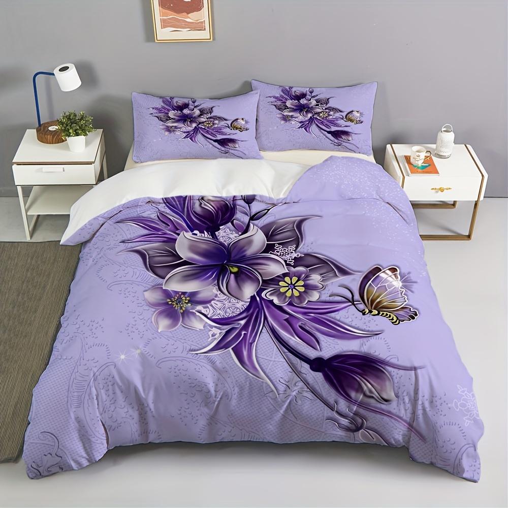 Luksusowa poszewka na kołdrę z fioletowym wzorem kwiatowym, rozmiar Queen King, drukowana cyfrowo 3D, pościel, miękka i wygodna, zestaw 3-częściowy