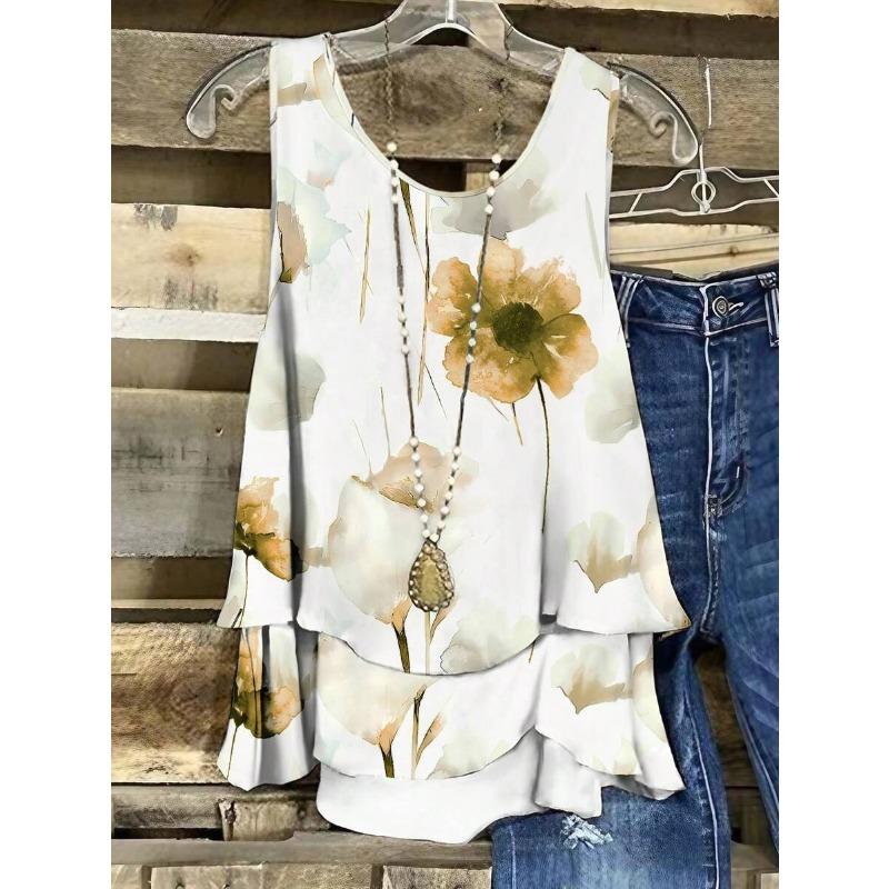 

YYFS Women s Fashion Casual Summer Spring Flower Pattern Print Sleeveless U-Neck Blouses & Shirts XXXXXL