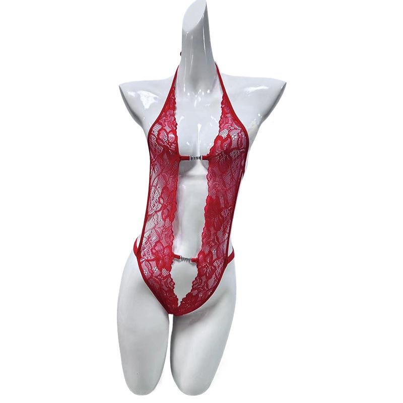 Sexy Female Perspective Lace One-piece Erotic Underwear Front Open Chest Temptation Neck Sm Uniform Pure Desire