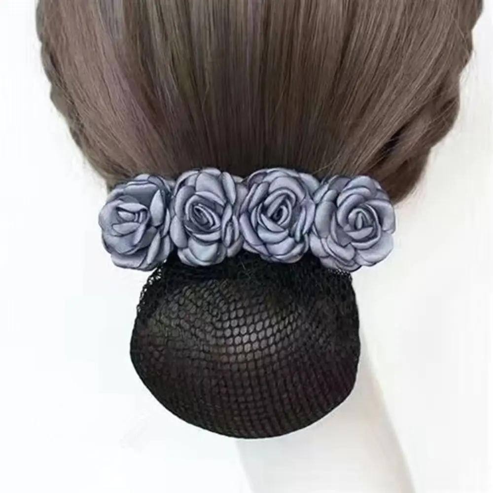 Women Hair Bun Cover Net Snood Hairnet Bow Barrette French Hair Clip Bow Ribbon Flower Hair Accessories for Banks Hotels Staff