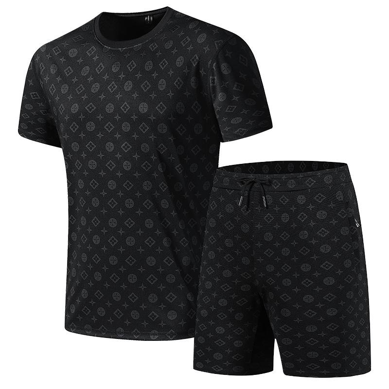 

Комплект с короткими рукавами, мужская летняя тонкая дышащая эластичная футболка, шорты, повседневная спортивная одежда, комплект из двух предметов L чёрный