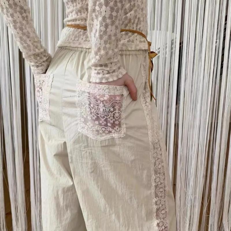 Women's Summer Stylish Lace-Trimmed Wide-Leg Pants - Straight Cut Casual Trendy Long Trousers