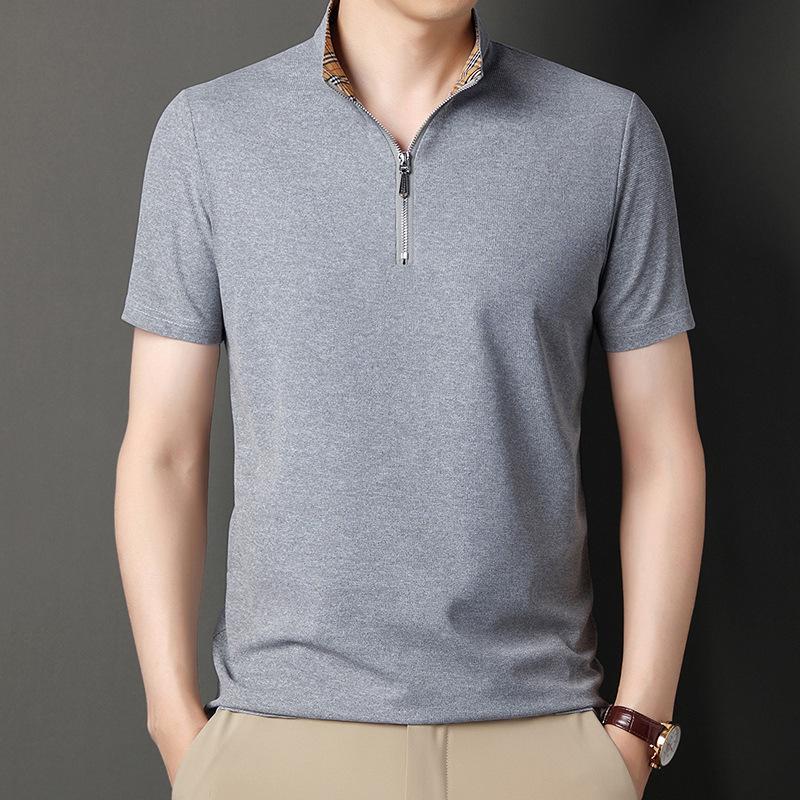 Summer New Men's Short-Sleeved T-shirt Men's Fashion Casual Breathable Lapels Zipper Solid Color Men's Clothing