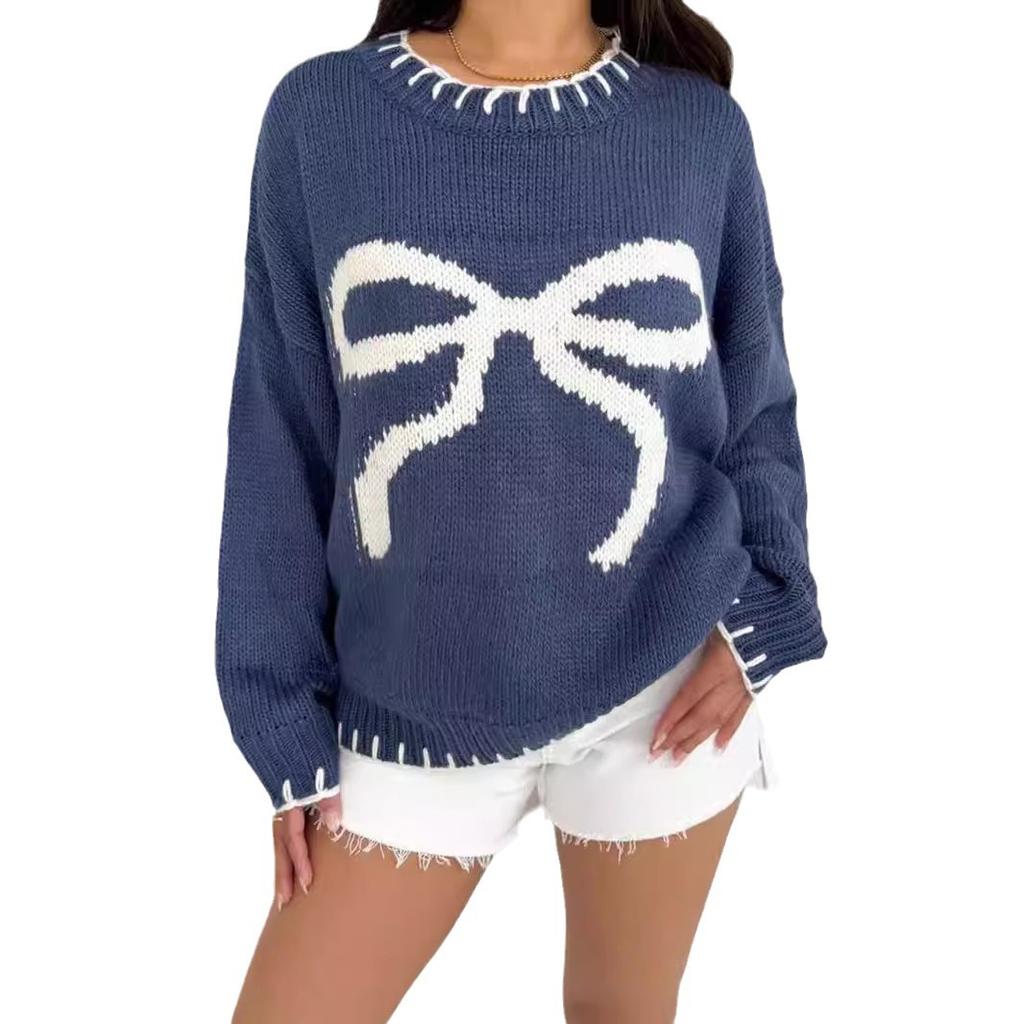 Women's Bow Jacquard Sweater Autumn/Winter Lazy Style Loose Warm Comfortable Hooded Knitted Sweater 3617