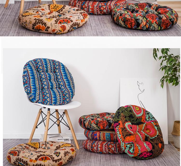 Ethnic Fabric Thickened Round Cotton Linen Cushion for Bay Window, Tatami, Prayer, Teahouse, or Yoga.