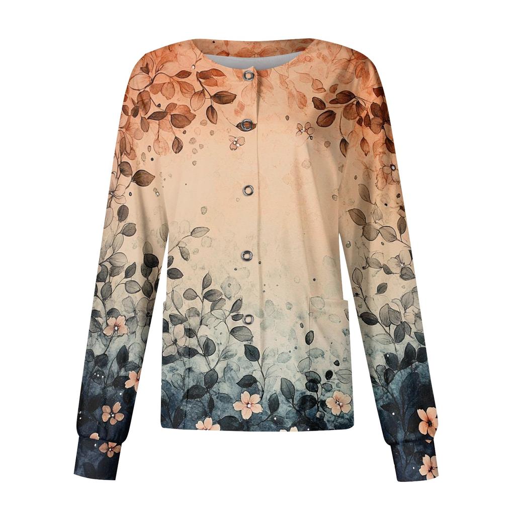 Women's Long Sleeve Button Front Floral Print Medical Scrub Top Lightweight Comfortable Fit Nursing Uniform Shirt