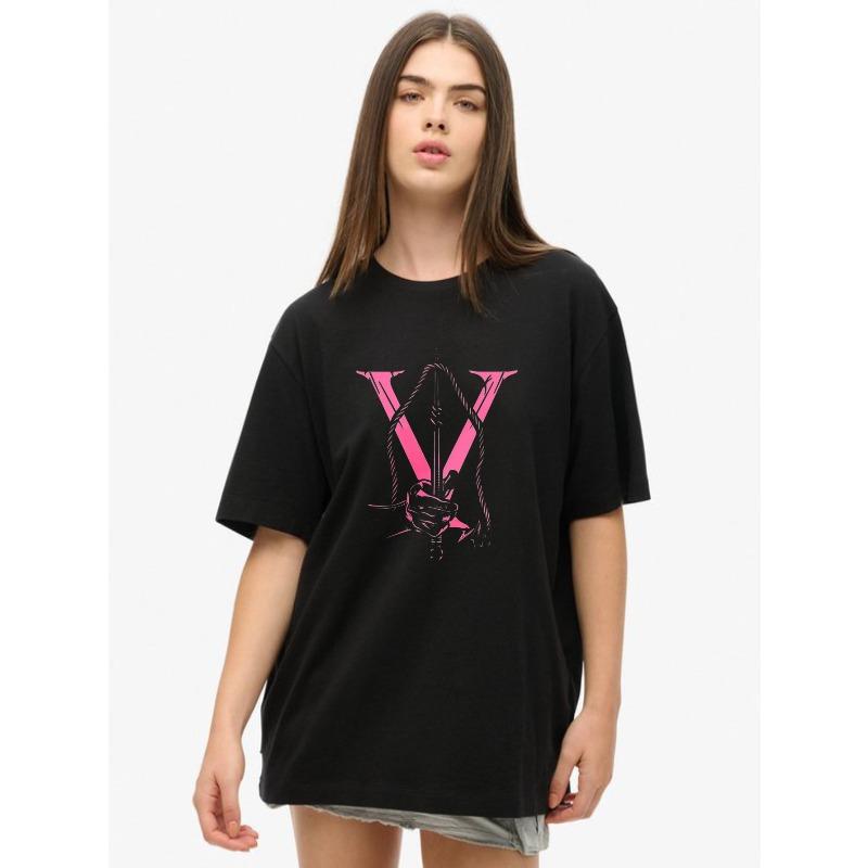 Oversized T Shirt Black Pink V Letter And Hand Graphic Print Casual Streetwear Fashion Top For Women