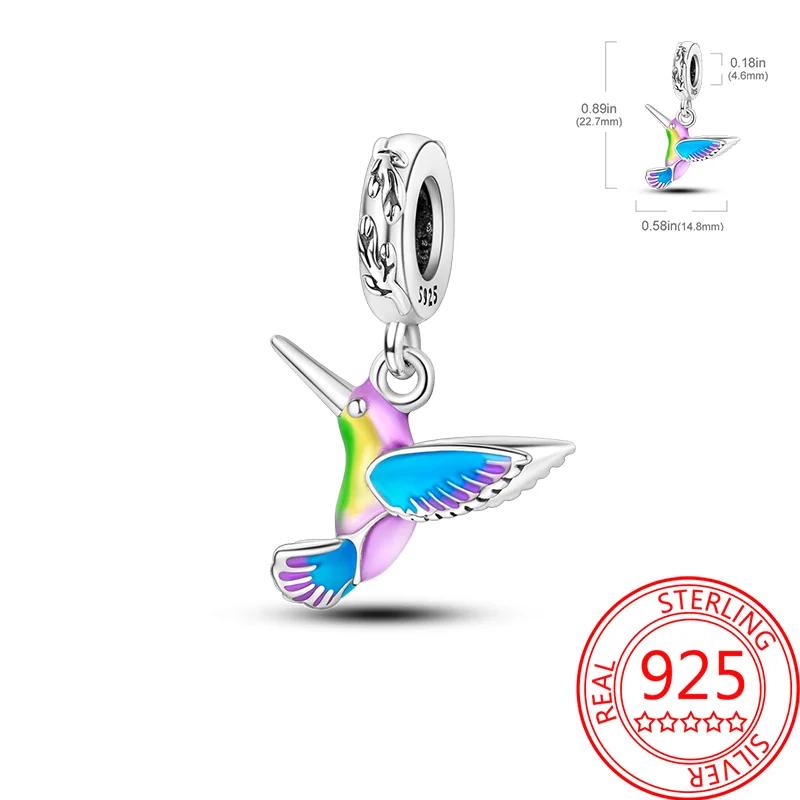 Real Copper Colorful Hummingbird Flowers Charms Spring Series Beads Fit Original Bracelets Diy Jewelry For Women