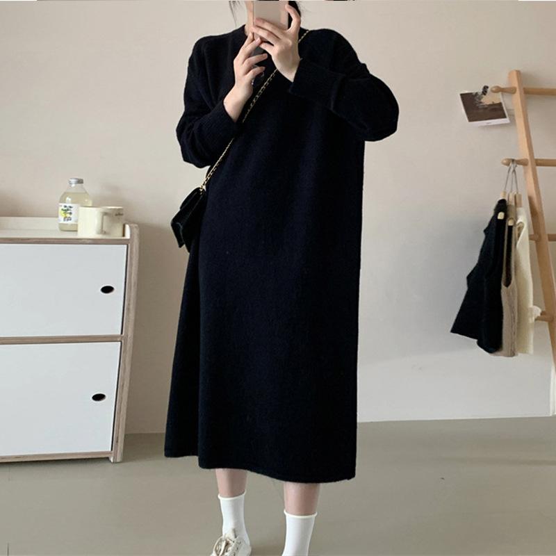Lazy Wind Basic Simple Dress Women's Autumn and Winter New Loose Long Knee Bottom Knitted Sweater Skirt