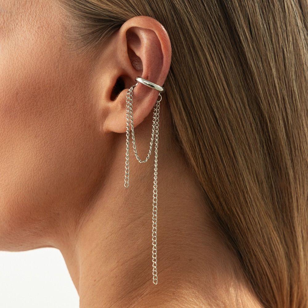 Long Tassel Chain Ear Clip Pearl Metal Chain Ear Cuff Minimalist Design Clip Earrings  For Women