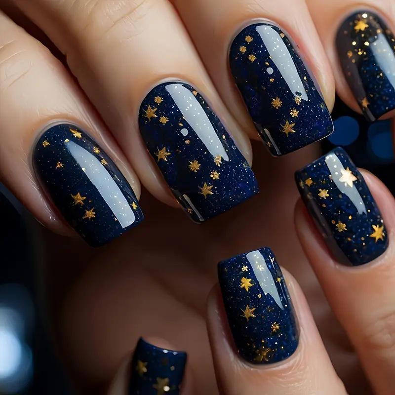 

Nail Art 24-Piece Chinese Gold Star Sky Glossy Press-On Nails